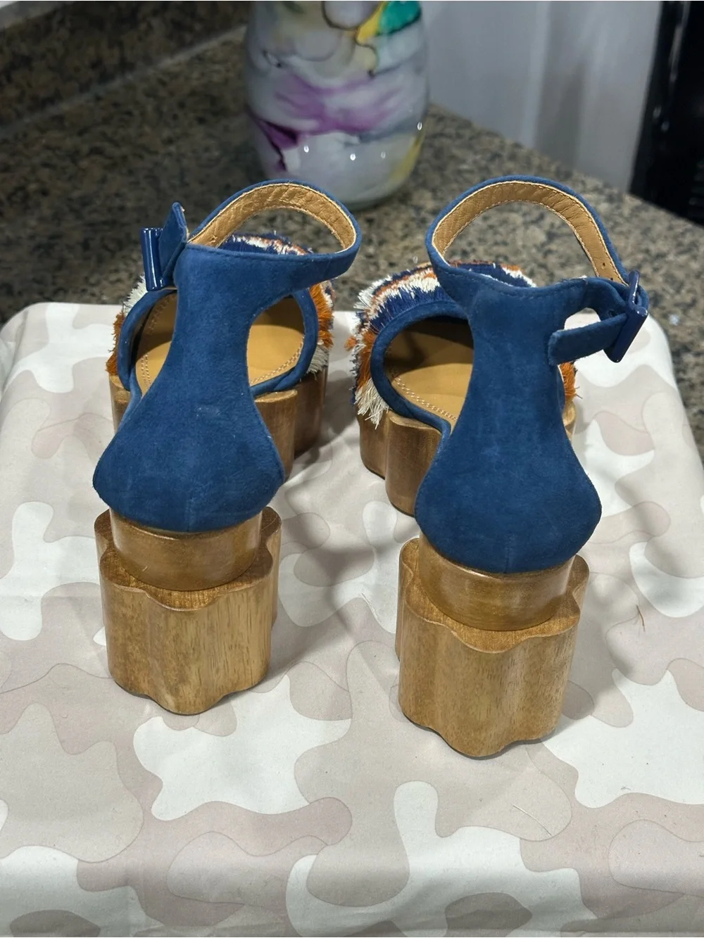 Tory Burch Navy Blue Fringe Platform Sandals with Orange and Cream Accents